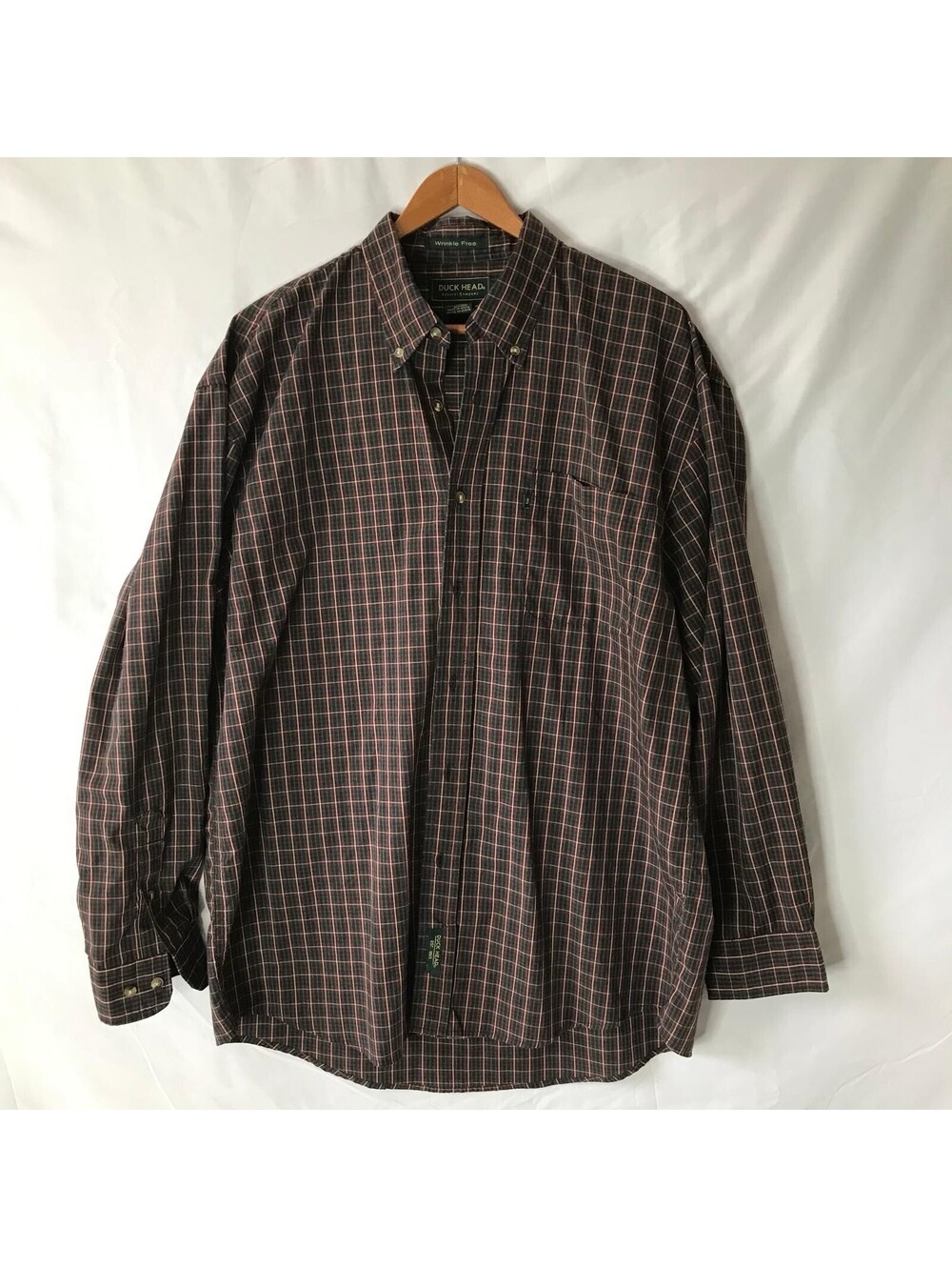 Duck Head Plaid Shirt Mens L Burgundy Green Check Long Sleeve Vintage
